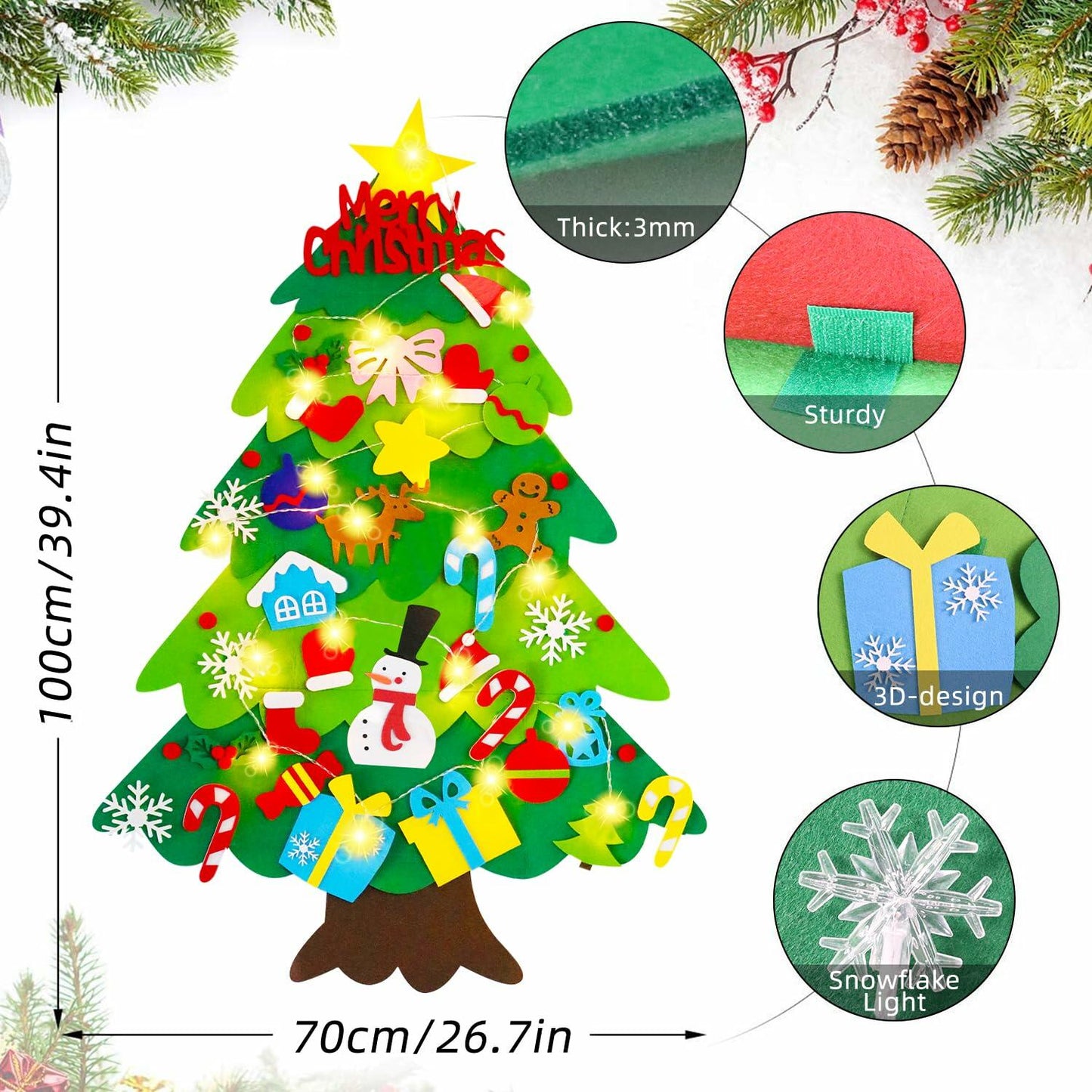 EMPOF Felt Christmas Tree 3.3ft DIY Set with Snowflake Lights & 32 Ornaments