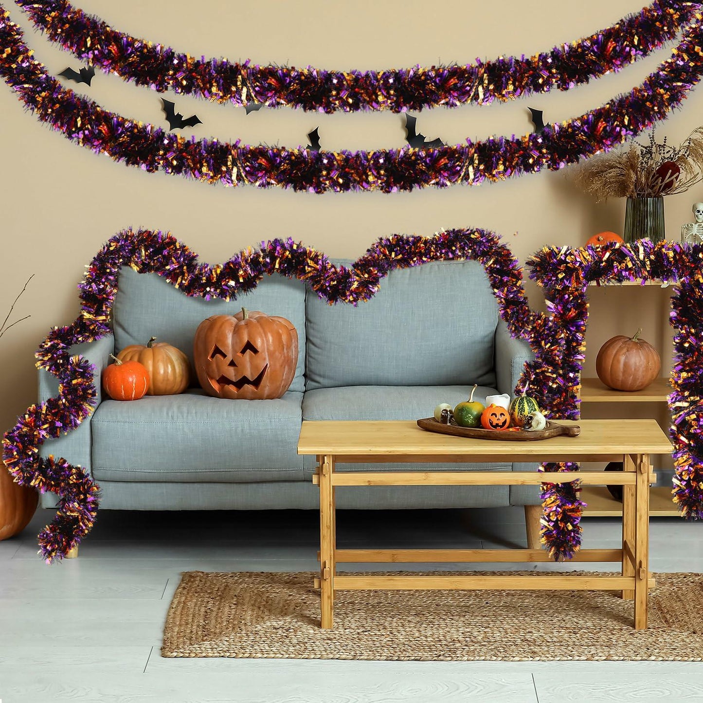 Riceshoot Metallic Tinsel Garland 131.23ft Black Orange Purple Retro Color