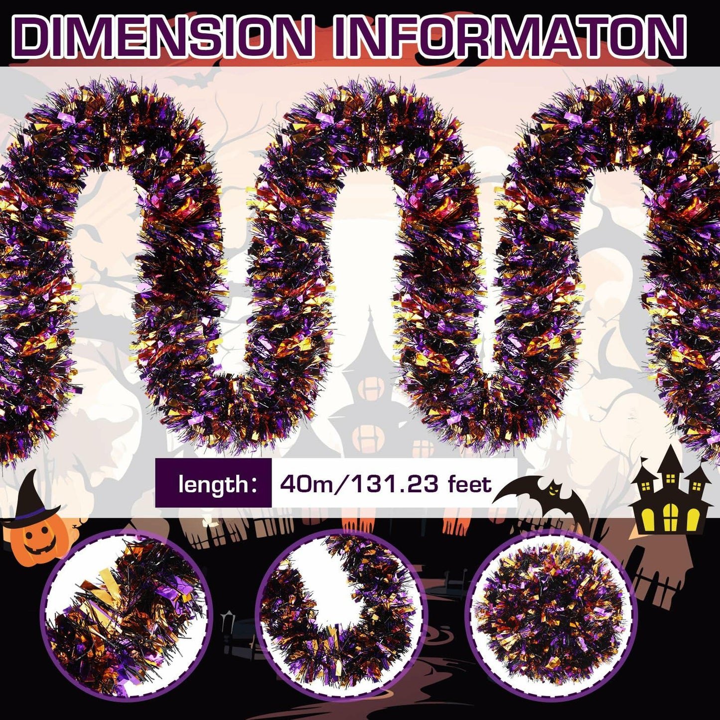 Riceshoot Metallic Tinsel Garland 131.23ft Black Orange Purple Retro Color