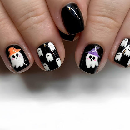 YEFIUO Halloween Press On Nails 24 Pcs Short Square Black Skull Flowers