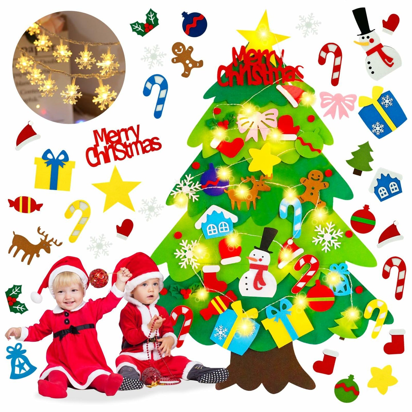 EMPOF Felt Christmas Tree 3.3ft DIY Set with Snowflake Lights & 32 Ornaments
