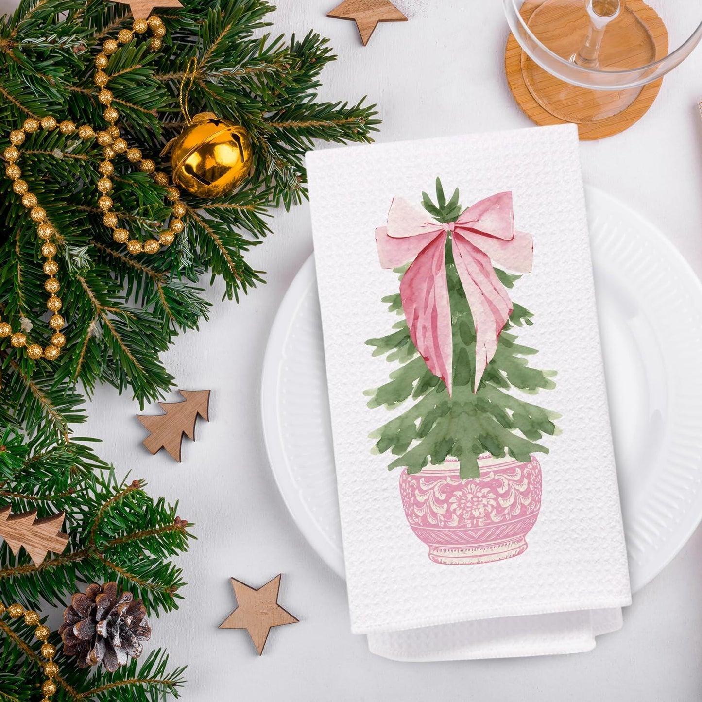 SPBL&L Chinoiserie Christmas Kitchen Towels Pink Bow Tree 16x24 Set of 2
