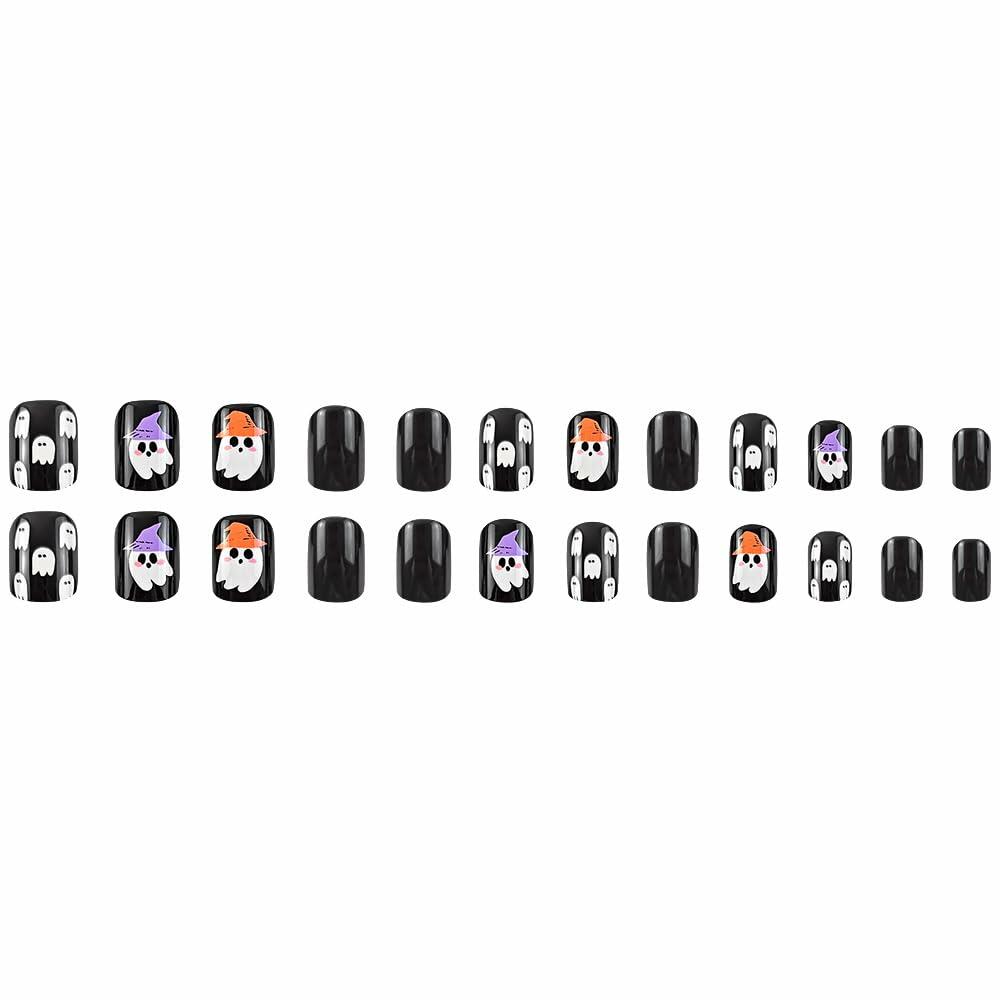 YEFIUO Halloween Press On Nails 24 Pcs Short Square Black Skull Flowers
