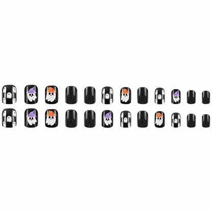 YEFIUO Halloween Press On Nails 24 Pcs Short Square Black Skull Flowers