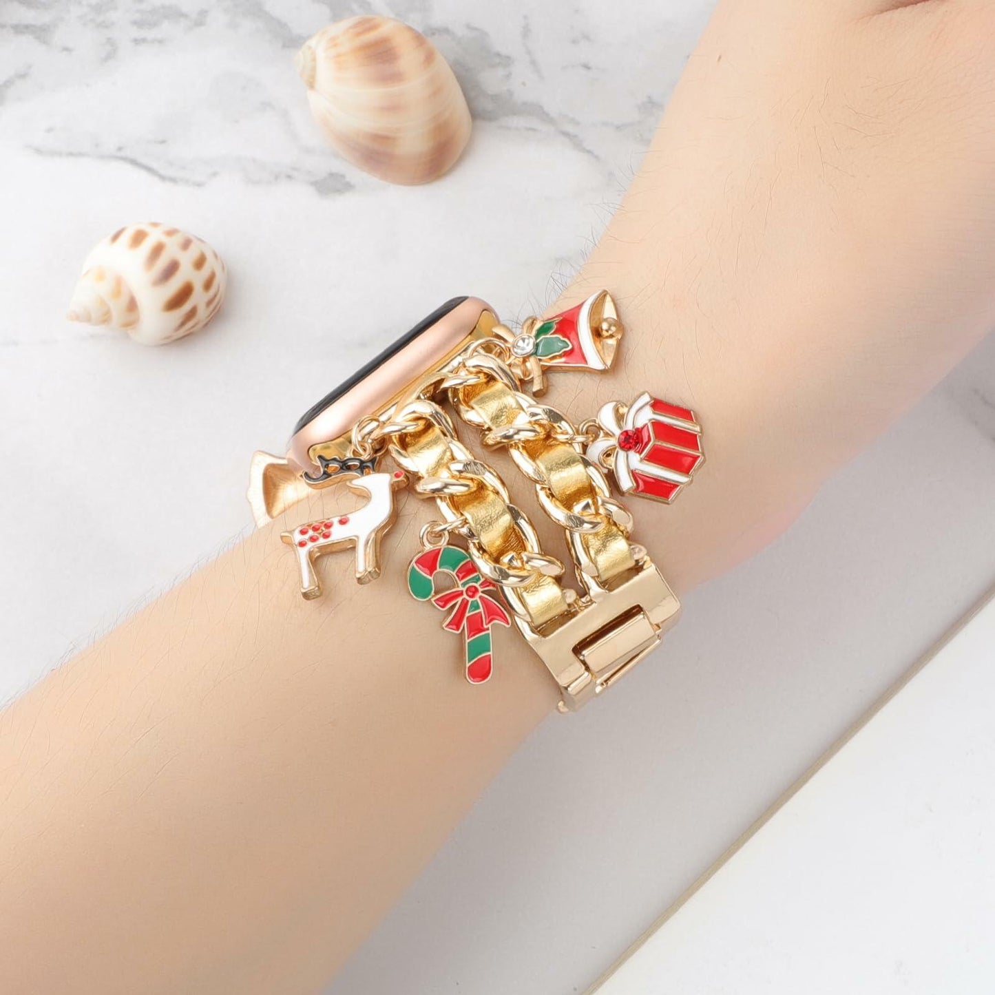 REALSIGN Metal Apple Watch Band Cuban Chain Christmas Bell Gold 42-45mm