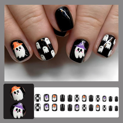 YEFIUO Halloween Press On Nails 24 Pcs Short Square Black Skull Flowers