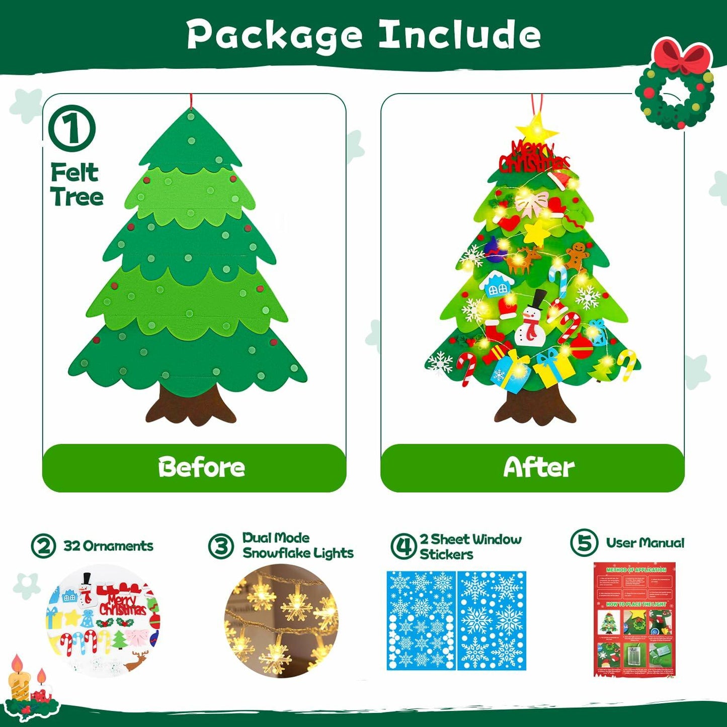 EMPOF Felt Christmas Tree 3.3ft DIY Set with Snowflake Lights & 32 Ornaments