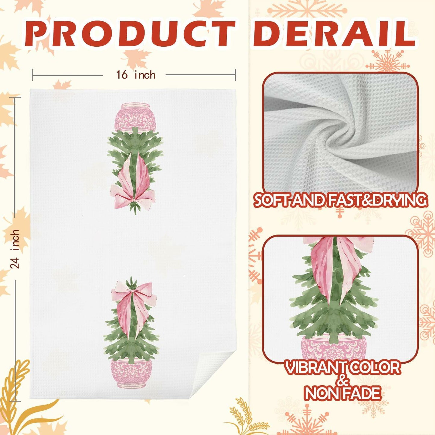 SPBL&L Chinoiserie Christmas Kitchen Towels Pink Bow Tree 16x24 Set of 2