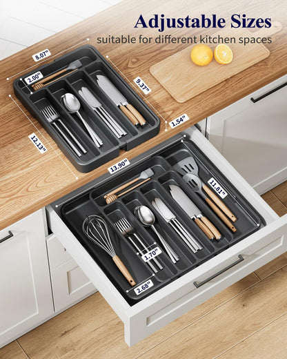 Kitsure Adjustable Cutlery Drawer Organizer Kitchen Tray Black