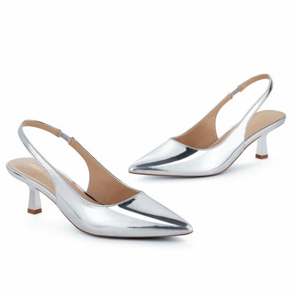 Elisabet Tang Women's Slingback Kitten Heels Silver Patent Size 7
