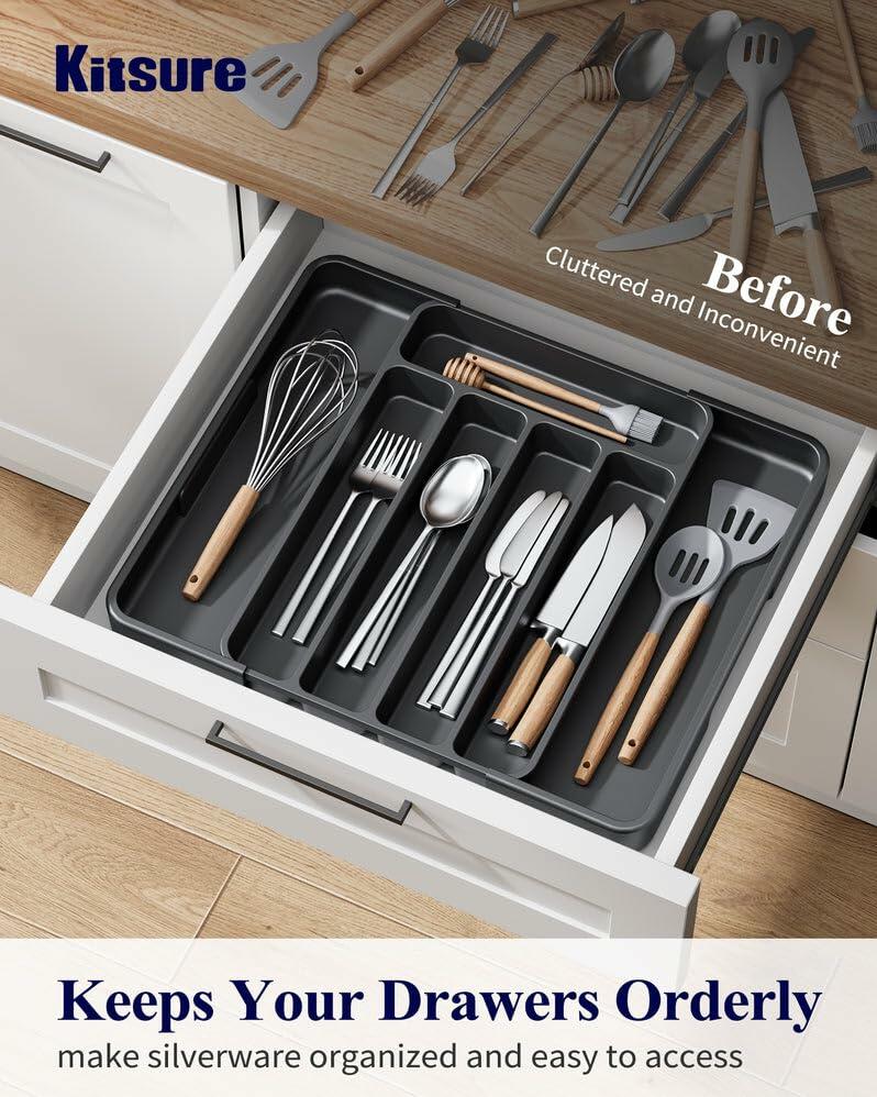 Kitsure Adjustable Cutlery Drawer Organizer Kitchen Tray Black