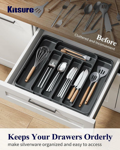 Kitsure Adjustable Cutlery Drawer Organizer Kitchen Tray Black