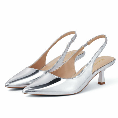 Elisabet Tang Women's Slingback Kitten Heels Silver Patent Size 7