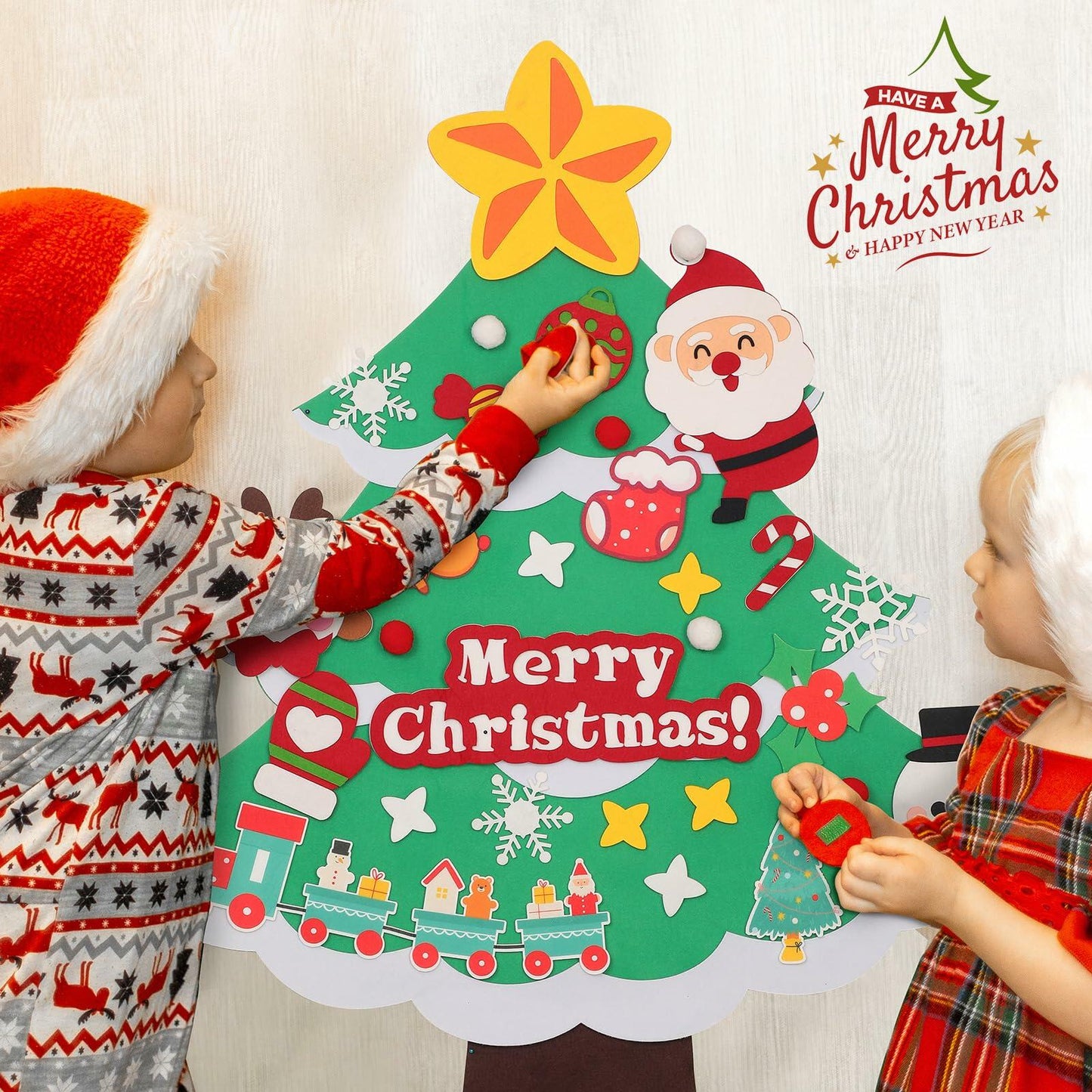TOBEHIGHER 3Ft DIY Felt Christmas Tree with 29 Ornaments&String Light Snow Edge