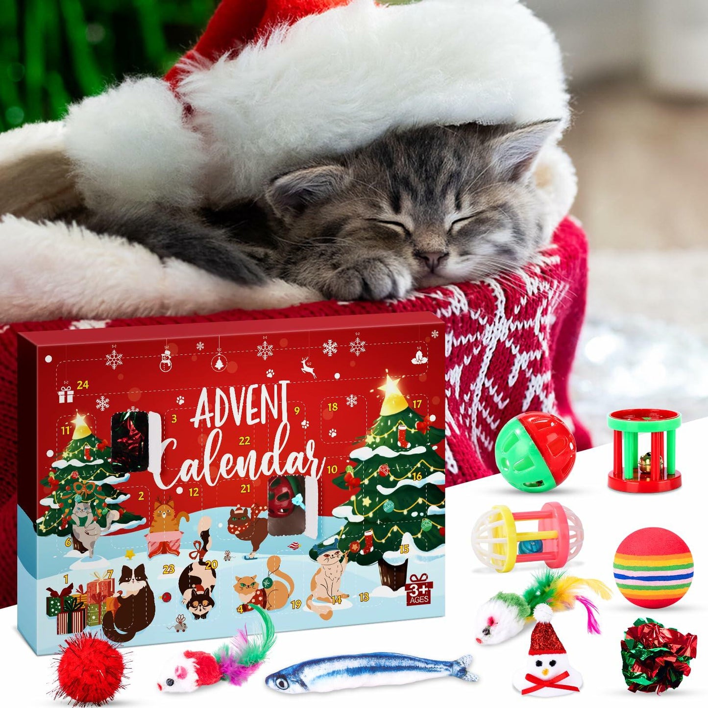 Frerdui Cat Advent Calendar 2025 24 Days Kitten Toys Feather Teaser Red