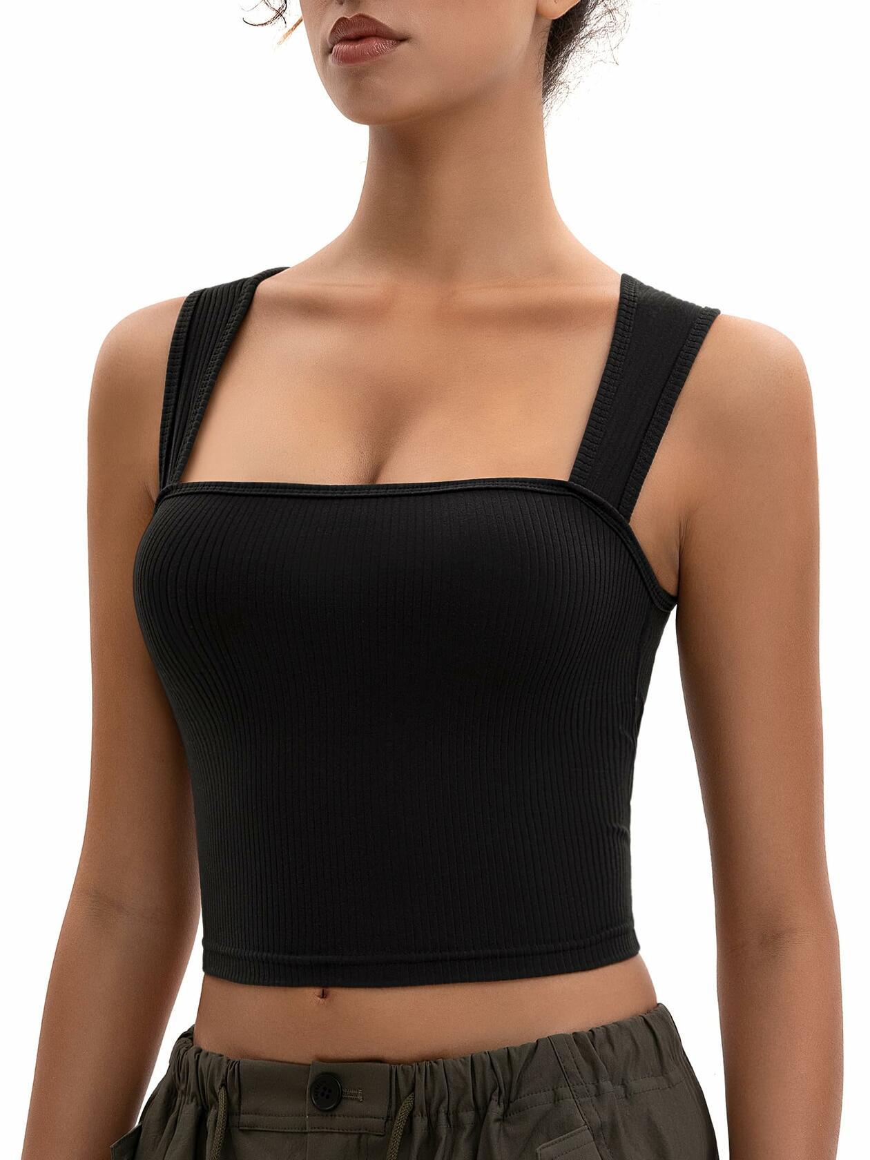 MOSSROZZ Crop Tank Top Black Ribbed Athletic Slim Fit Wide Strap Size L