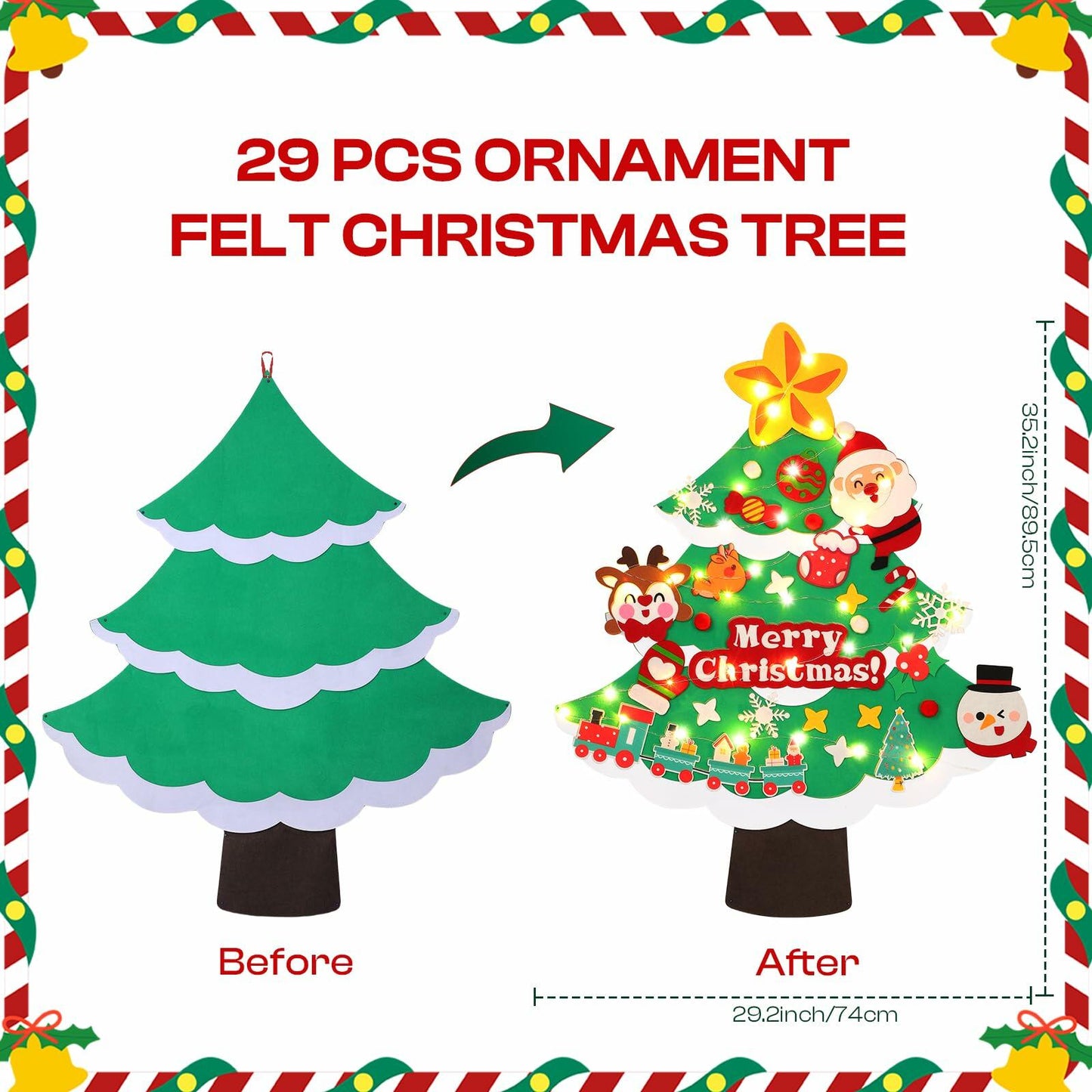TOBEHIGHER 3Ft DIY Felt Christmas Tree with 29 Ornaments&String Light Snow Edge