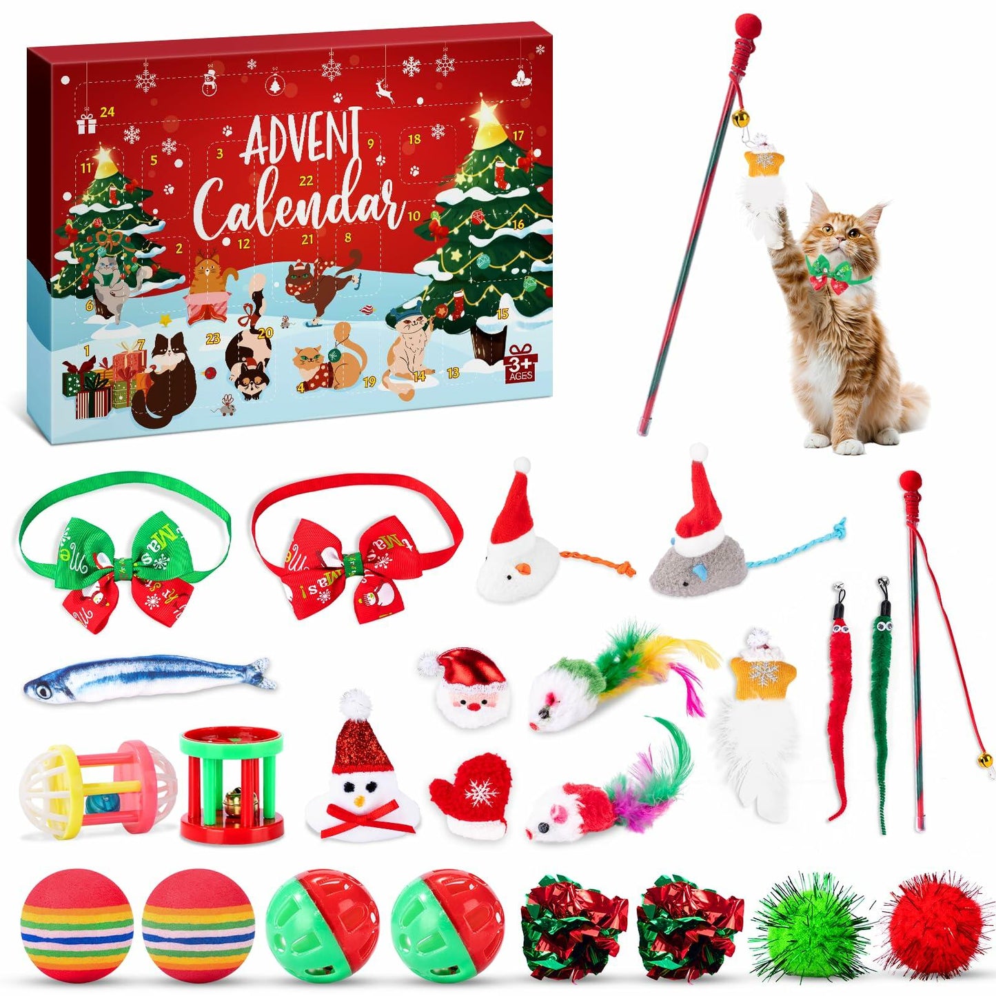 Frerdui Cat Advent Calendar 2025 24 Days Kitten Toys Feather Teaser Red