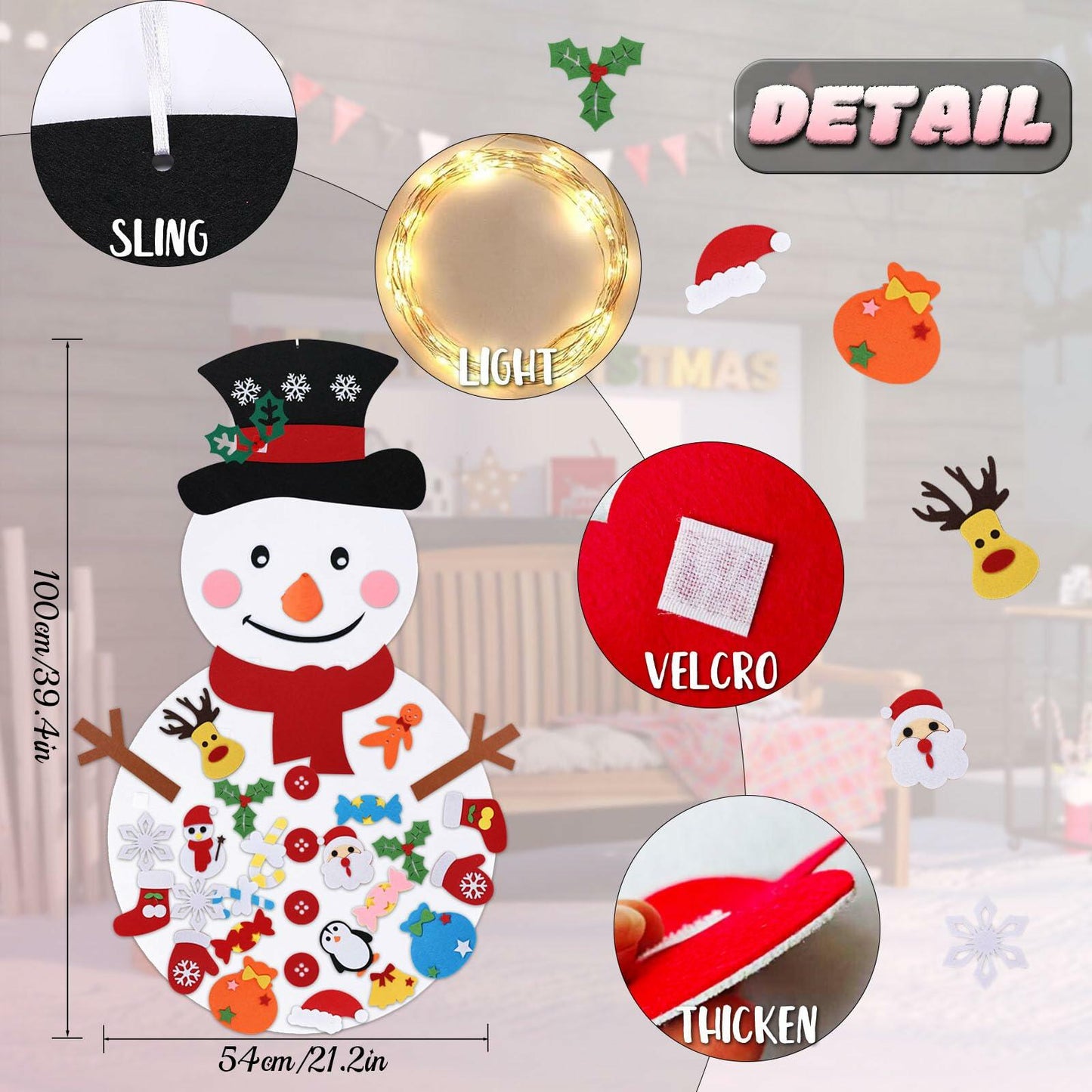 PEACELOVER DIY Felt Christmas Snowman Game Set 3.2ft White 36 Ornaments