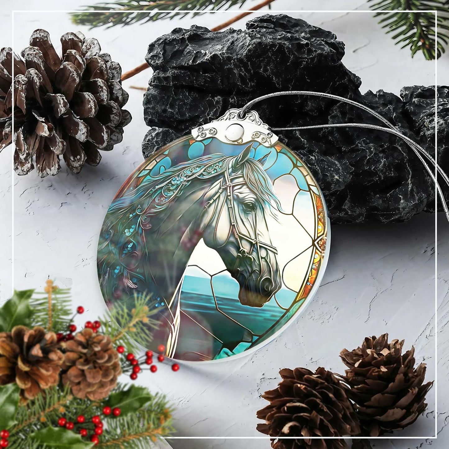 Horse Ornament 2025 Stained Glass Effect Xmas Tree Decoration White