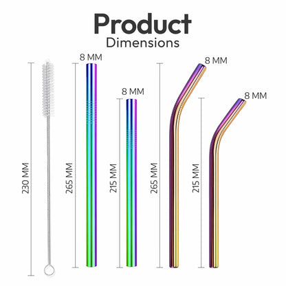 Reusable Stainless Steel Drinking Straws Rainbow 10.5" & 8.5" with Tips Case