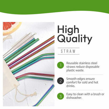 Reusable Stainless Steel Drinking Straws Rainbow 10.5" & 8.5" with Tips Case