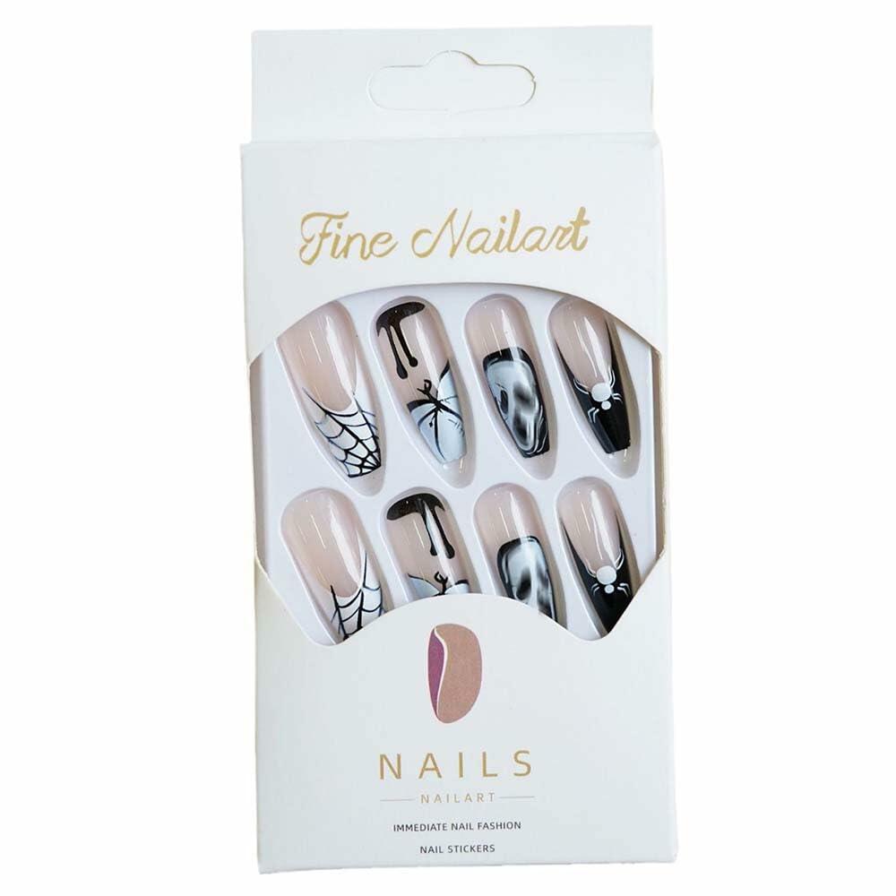 HPYFOI Halloween Press On Nails Long Coffin Black White Ghostface 24Pcs