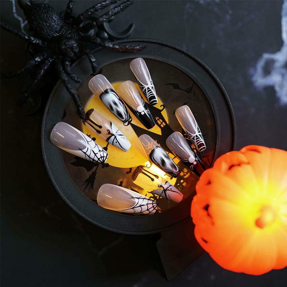 HPYFOI Halloween Press On Nails Long Coffin Black White Ghostface 24Pcs