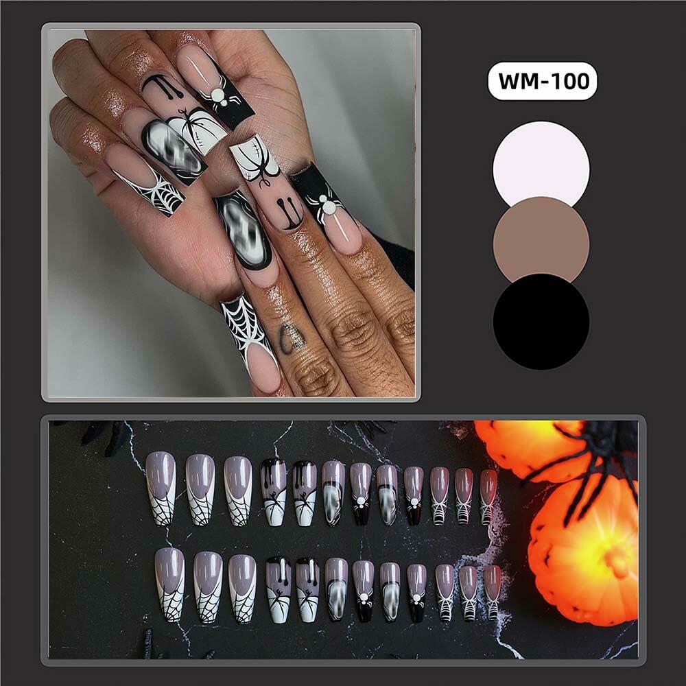 HPYFOI Halloween Press On Nails Long Coffin Black White Ghostface 24Pcs