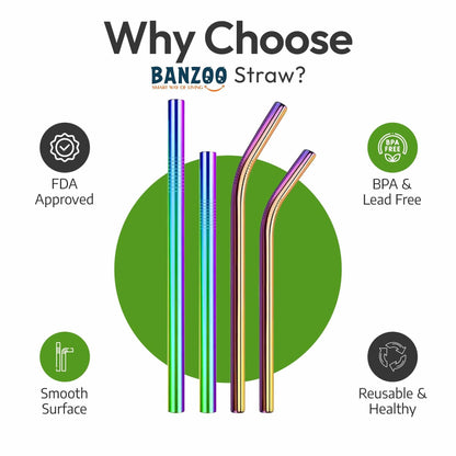 Reusable Stainless Steel Drinking Straws Rainbow 10.5" & 8.5" with Tips Case