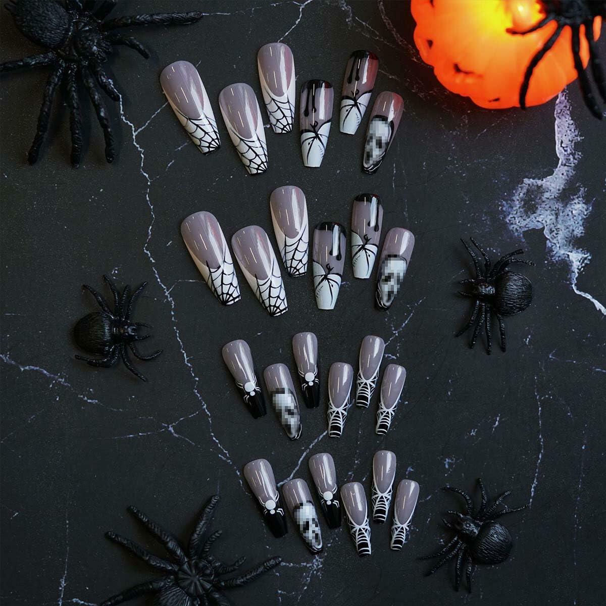 HPYFOI Halloween Press On Nails Long Coffin Black White Ghostface 24Pcs