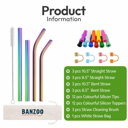 Reusable Stainless Steel Drinking Straws Rainbow 10.5" & 8.5" with Tips Case