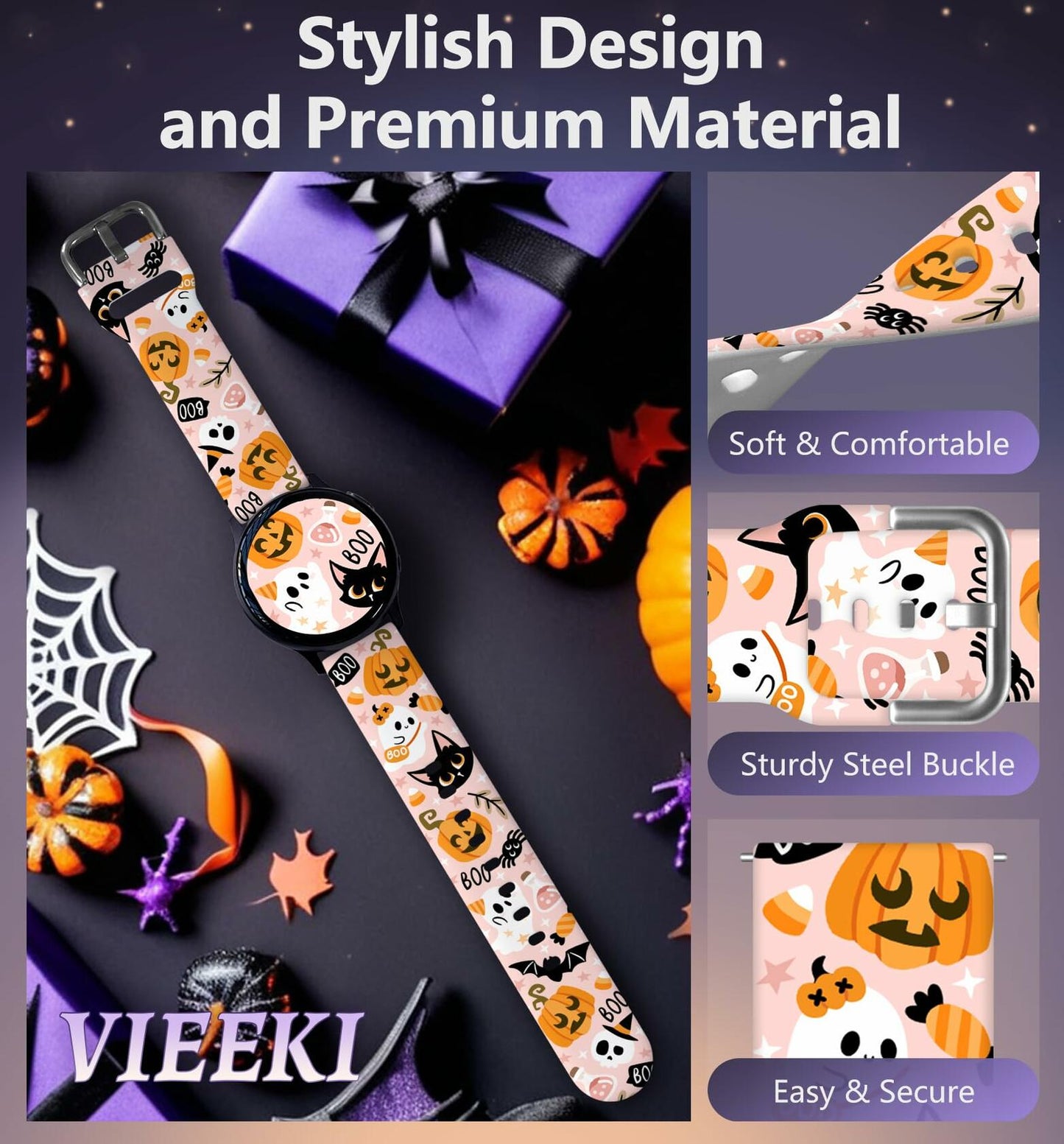 Vieeki Halloween Pumpkin Silicone Watch Band Samsung Galaxy 40-46mm Pink 20mm