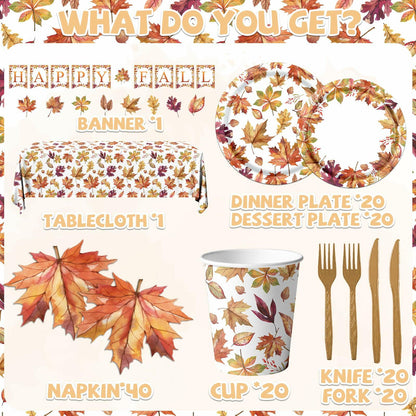 Guzbewu Fall Leaves Paper Plates Napkins Set 142pcs Orange White Autumn
