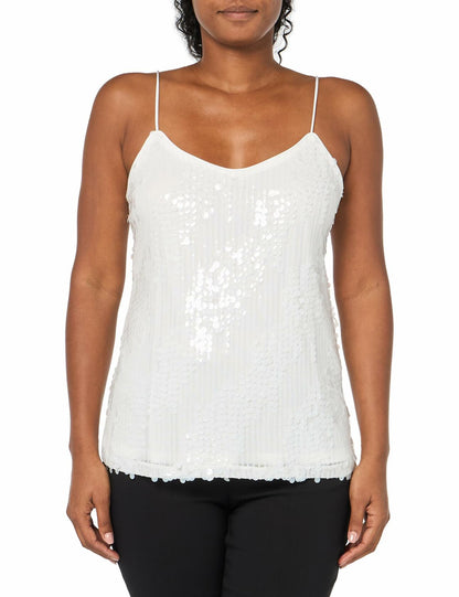 Anne Klein Missy Paillet Sequin Mesh V Neck Cami Bright White Size S