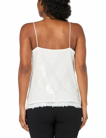 Anne Klein Missy Paillet Sequin Mesh V Neck Cami Bright White Size S