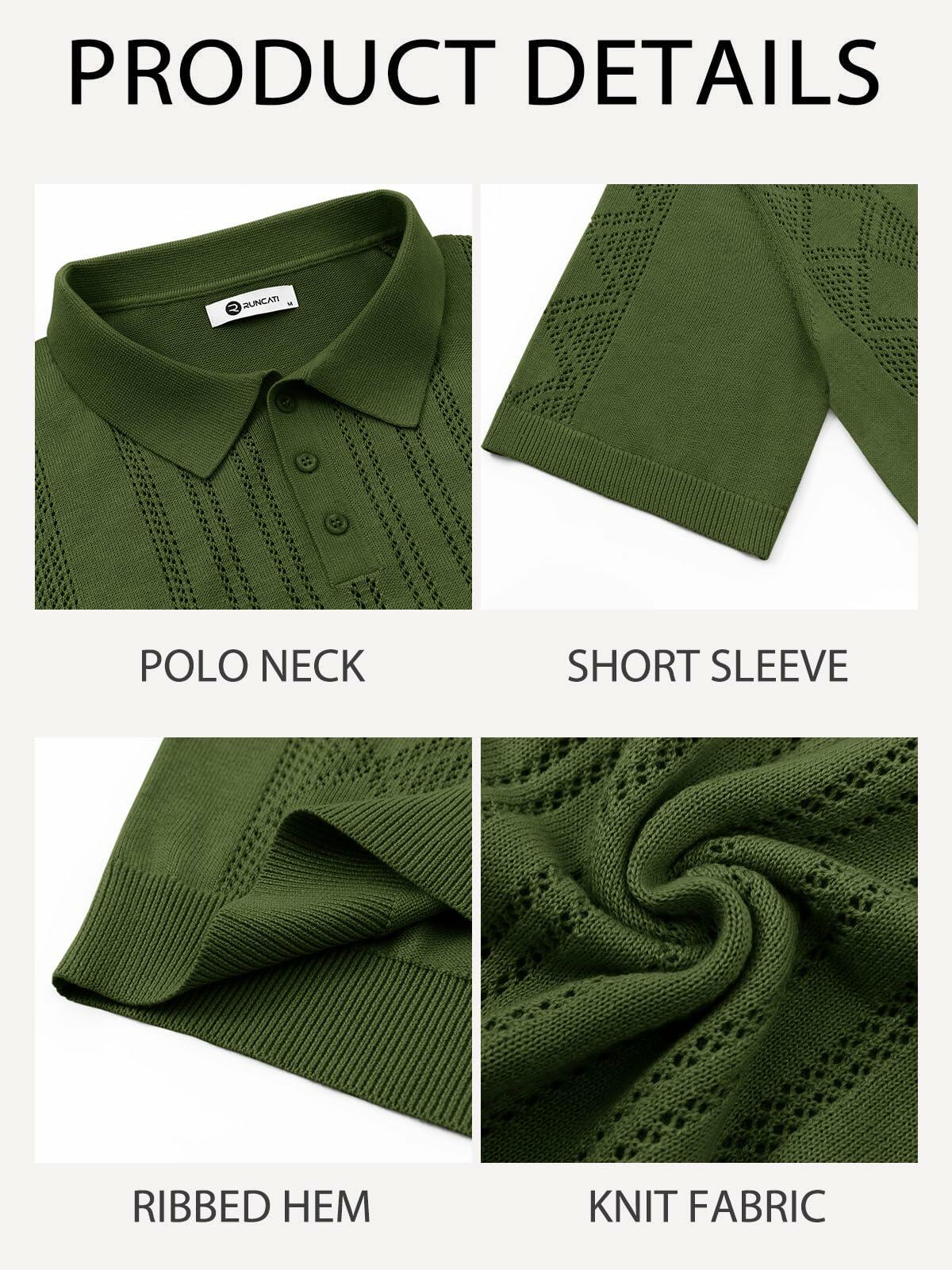 Runcati Mens Slim Fit Knit Polo Shirt Short Sleeve Cotton Army Green Size XL