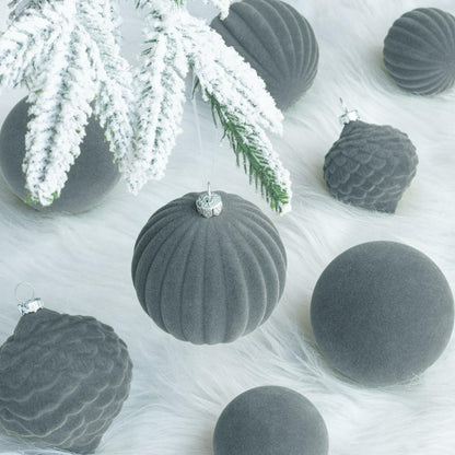 KI Store Velvet Christmas Balls Lux Gray 25pcs Flocked Xmas Tree Decor