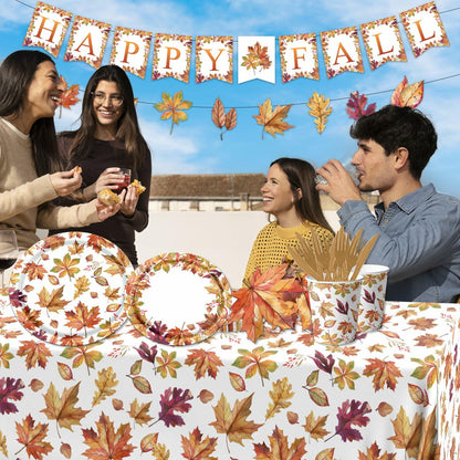 Guzbewu Fall Leaves Paper Plates Napkins Set 142pcs Orange White Autumn