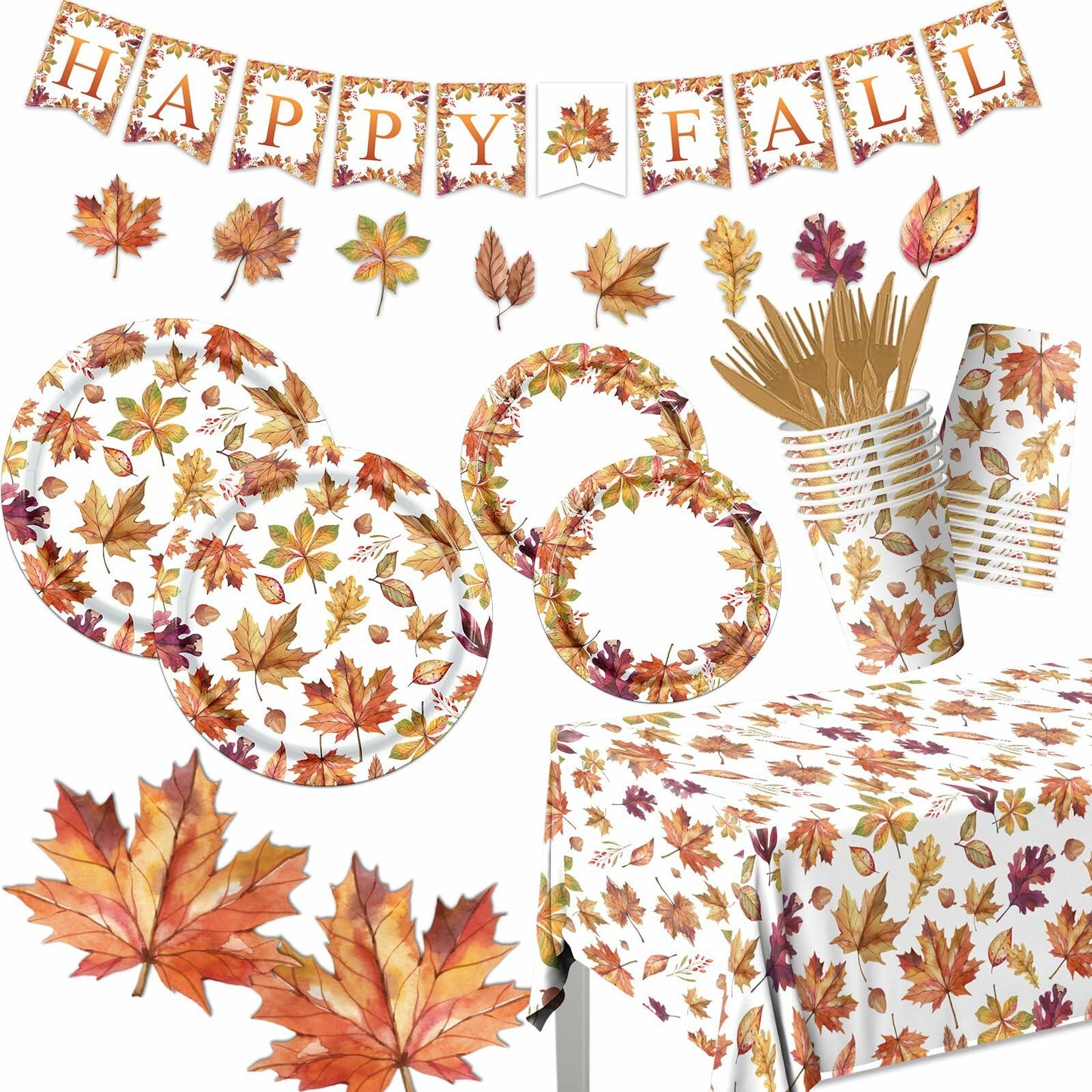 Guzbewu Fall Leaves Paper Plates Napkins Set 142pcs Orange White Autumn