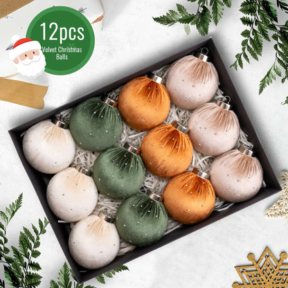 Meschett Velvet Ball Christmas Ornaments Set 12pcs 78mm Green Brown Neutral
