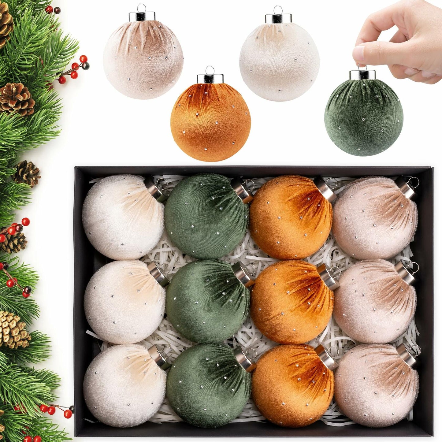 Meschett Velvet Ball Christmas Ornaments Set 12pcs 78mm Green Brown Neutral