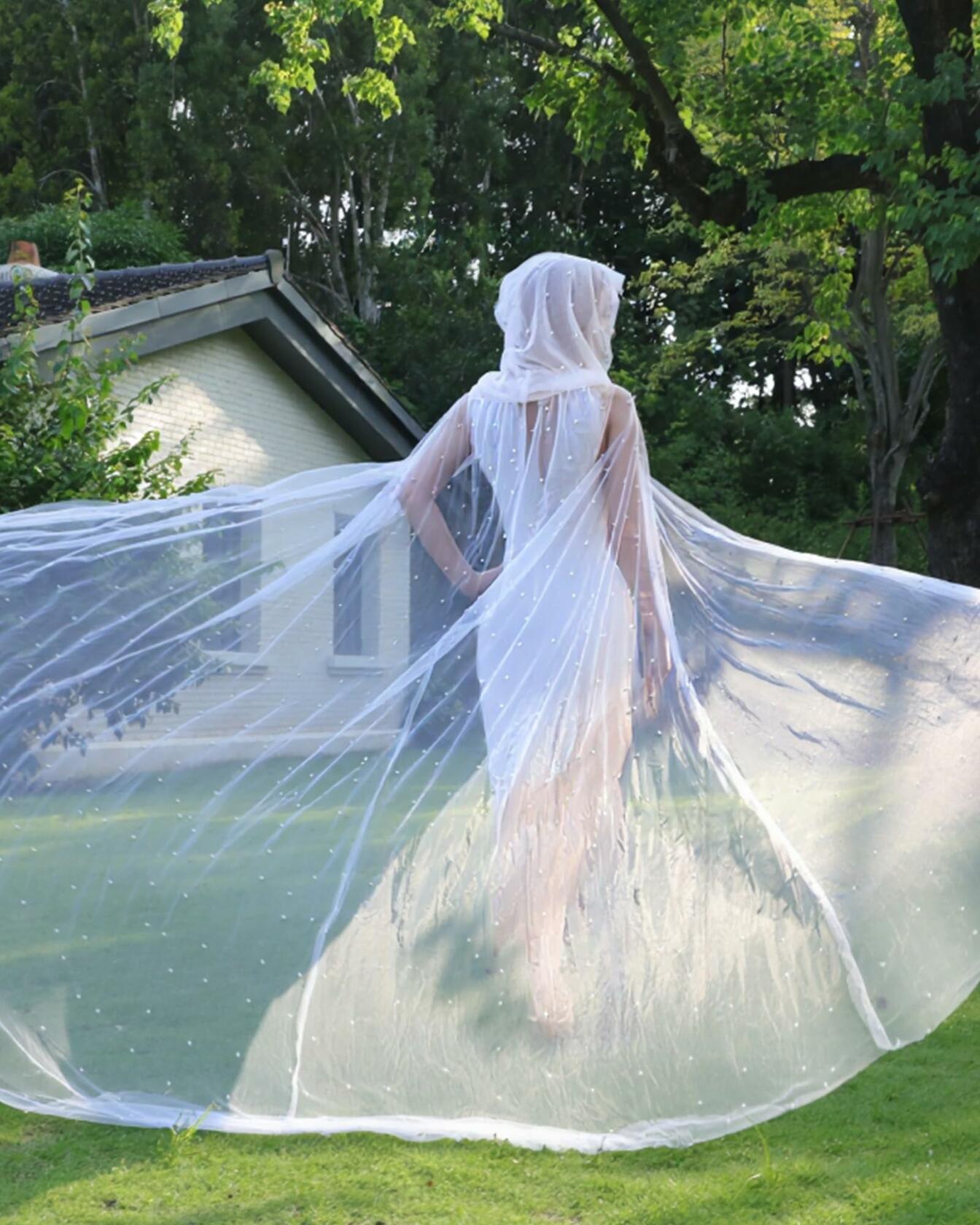 Geyoga Women Peals Tulle Hooded Cape Sheer Elf Cloak White