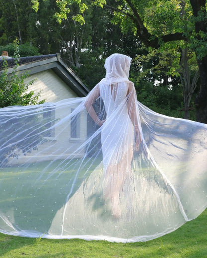 Geyoga Women Peals Tulle Hooded Cape Sheer Elf Cloak White