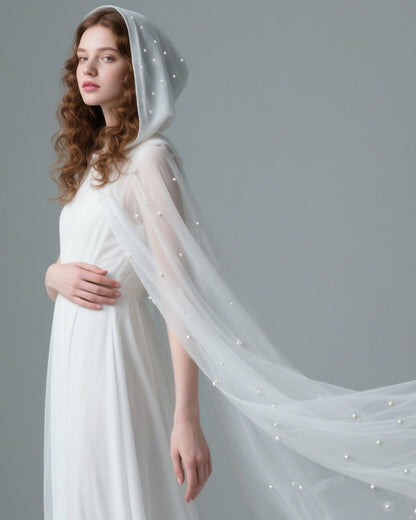 Geyoga Women Peals Tulle Hooded Cape Sheer Elf Cloak White
