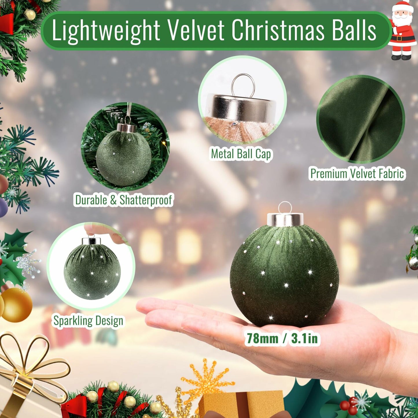 Meschett Velvet Ball Christmas Ornaments Set 12pcs 78mm Green Brown Neutral