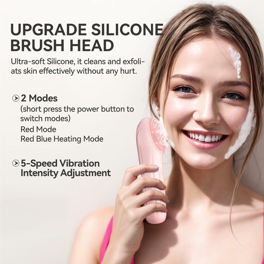 ZEXIYP Silicone Face Scrubber Electric Waterproof Brush 5 Strength Pink