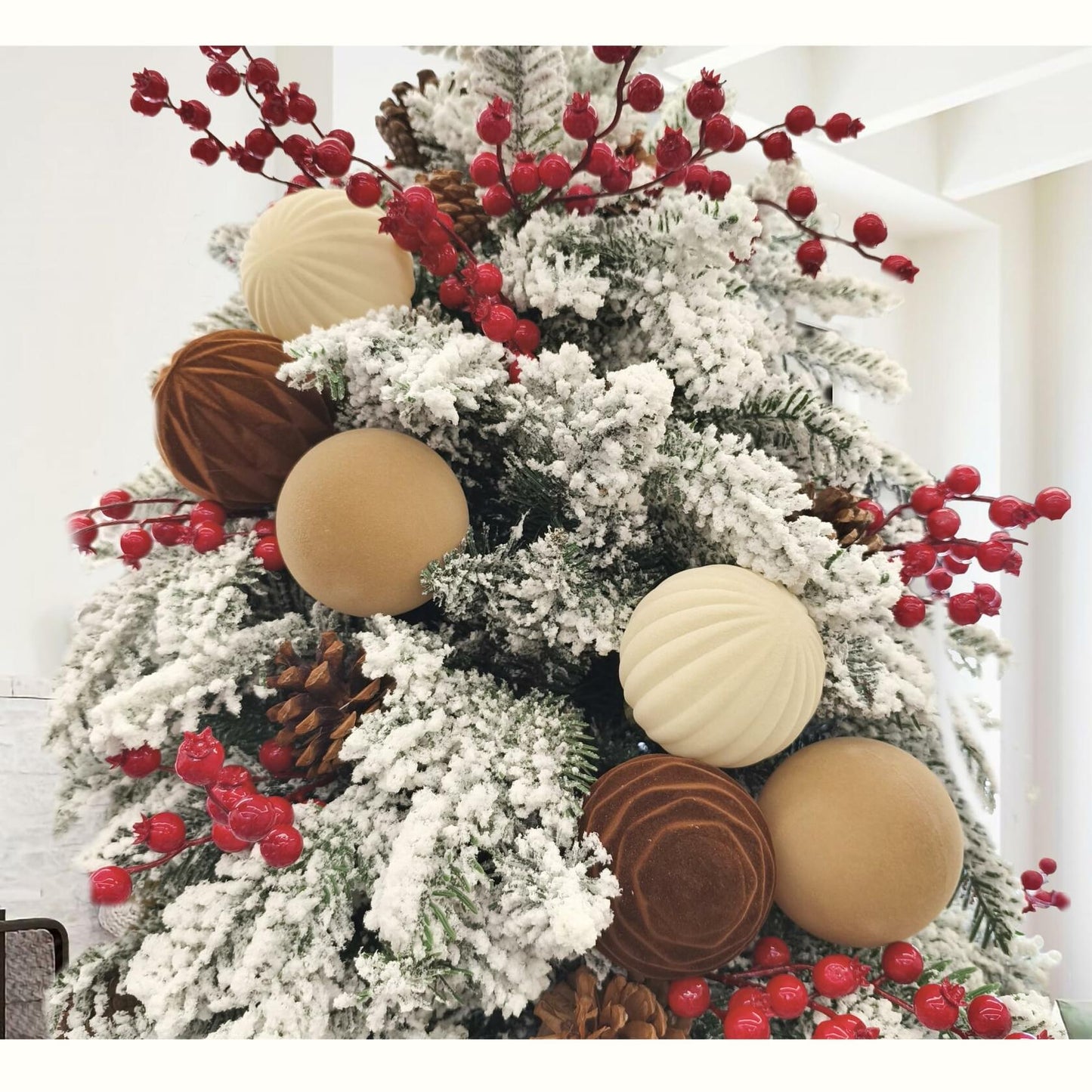 Obgora 15PCS Velvet Flocked Christmas Ornaments 3.15in Brown Light Coffee Beige