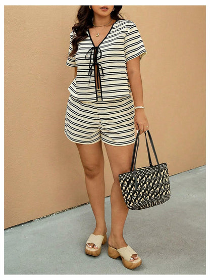 RoseSeek Women's Plus Size Striped Tie Front Top & Shorts Set Black/White XXL