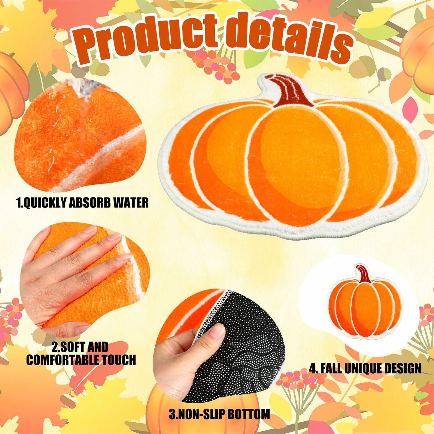 Haull 6 Pc Thanksgiving Bathroom Rugs Autumn Pumpkin Orange 16x16 Inch